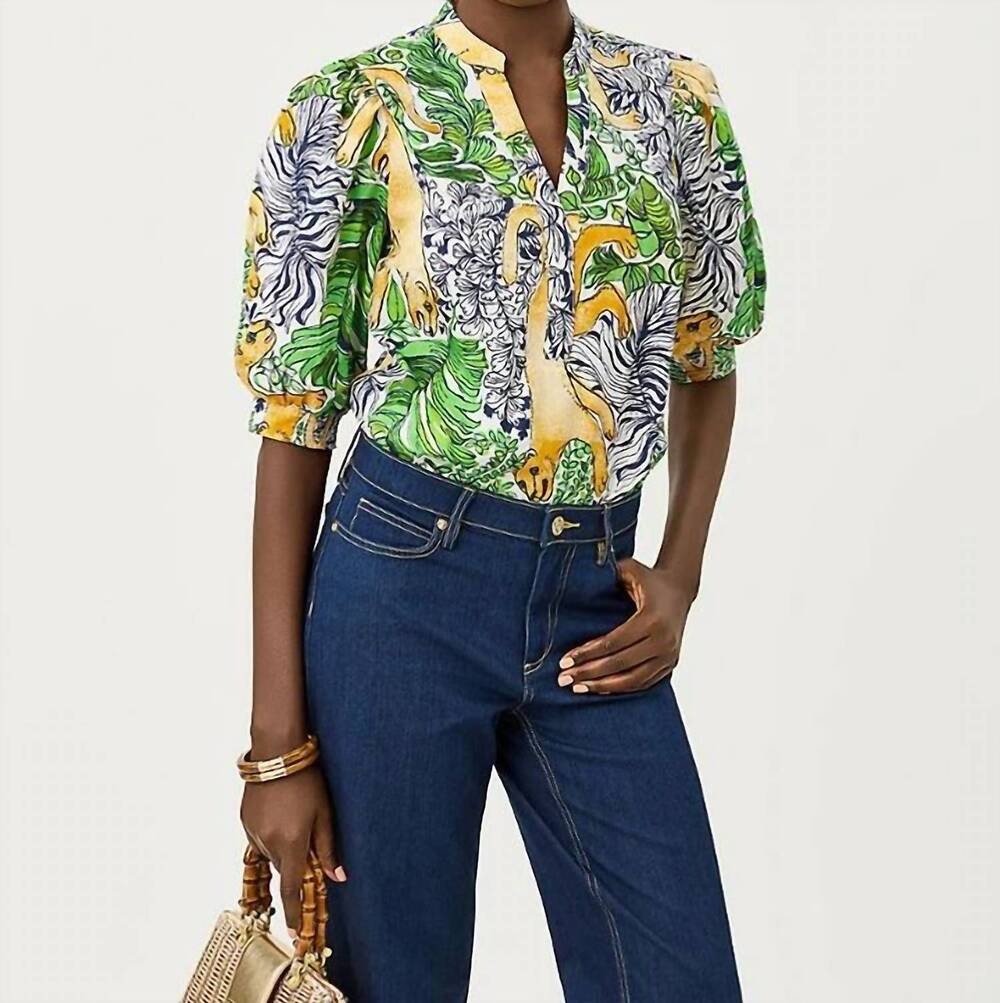 NEW LILLY PULITZER mialeigh puff sleeves top in multi palm prowl